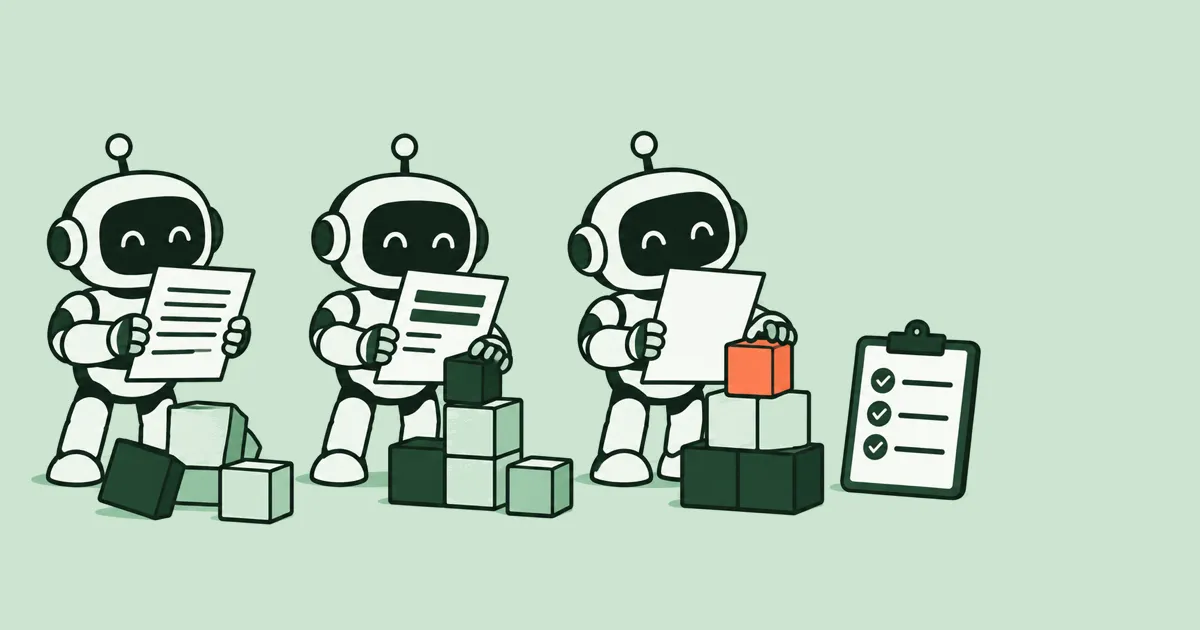 Three identical cartoon robots, each building a different block tower from a different instruction sheet