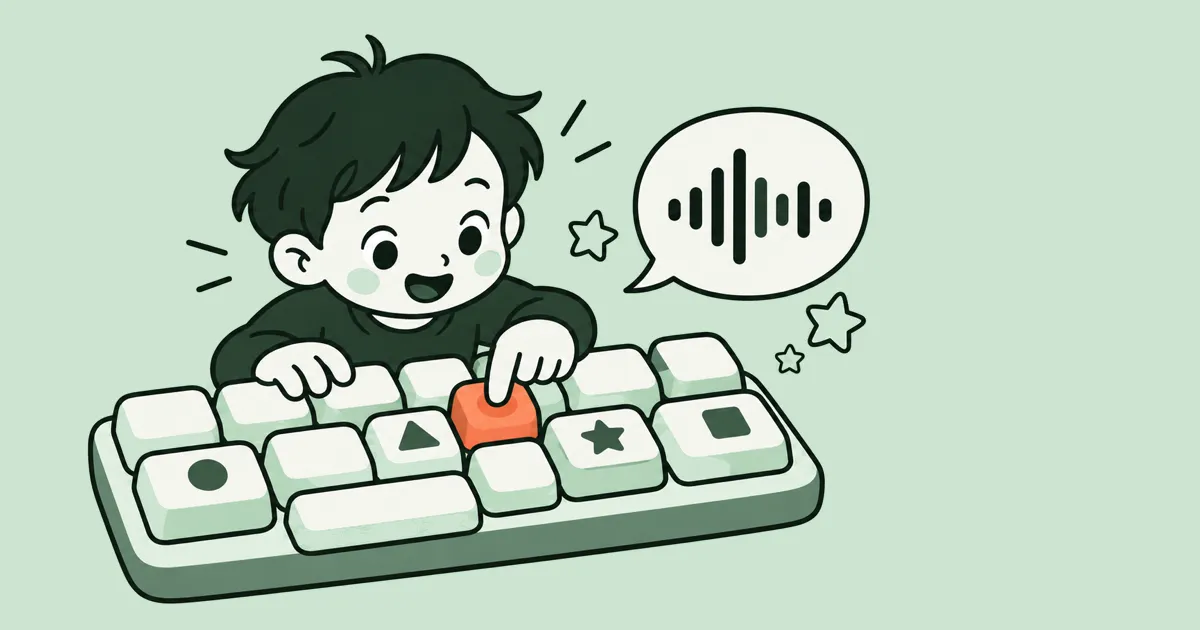 Small cartoon hands pressing oversized rounded keys with shapes, next to a speech bubble with a sound wave