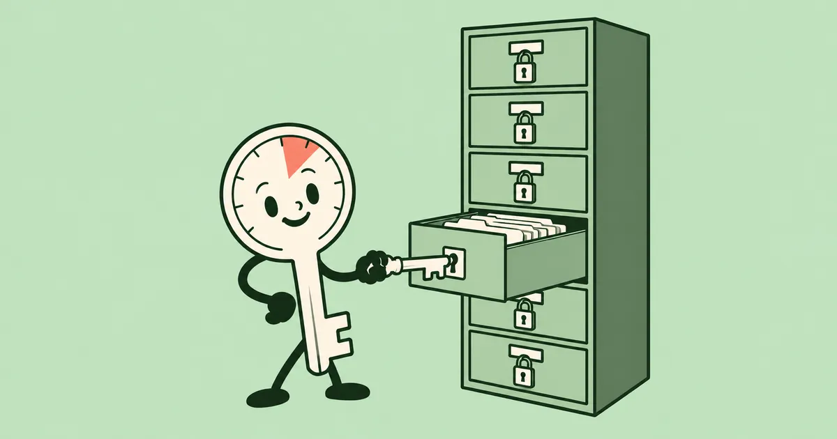 Kunci kartun berkepala timer membuka satu laci lemari arsip, sementara laci lainnya tetap bergembok