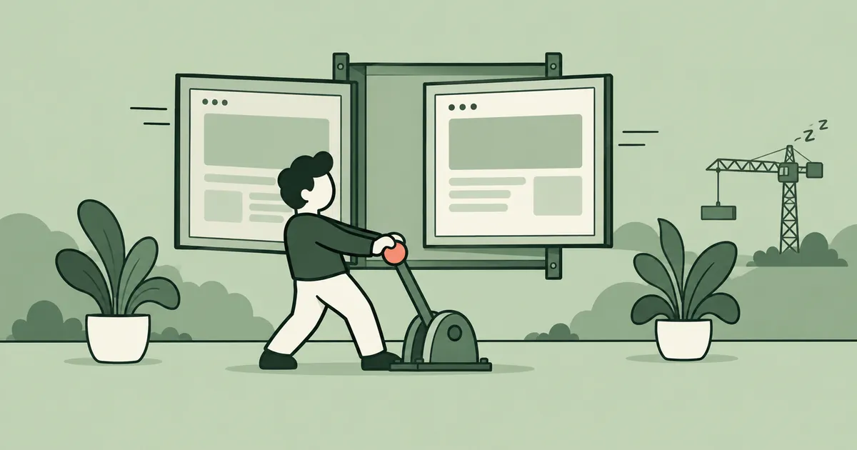 A cartoon person pulling a lever that swaps one framed page for another, while a construction crane sleeps in the background