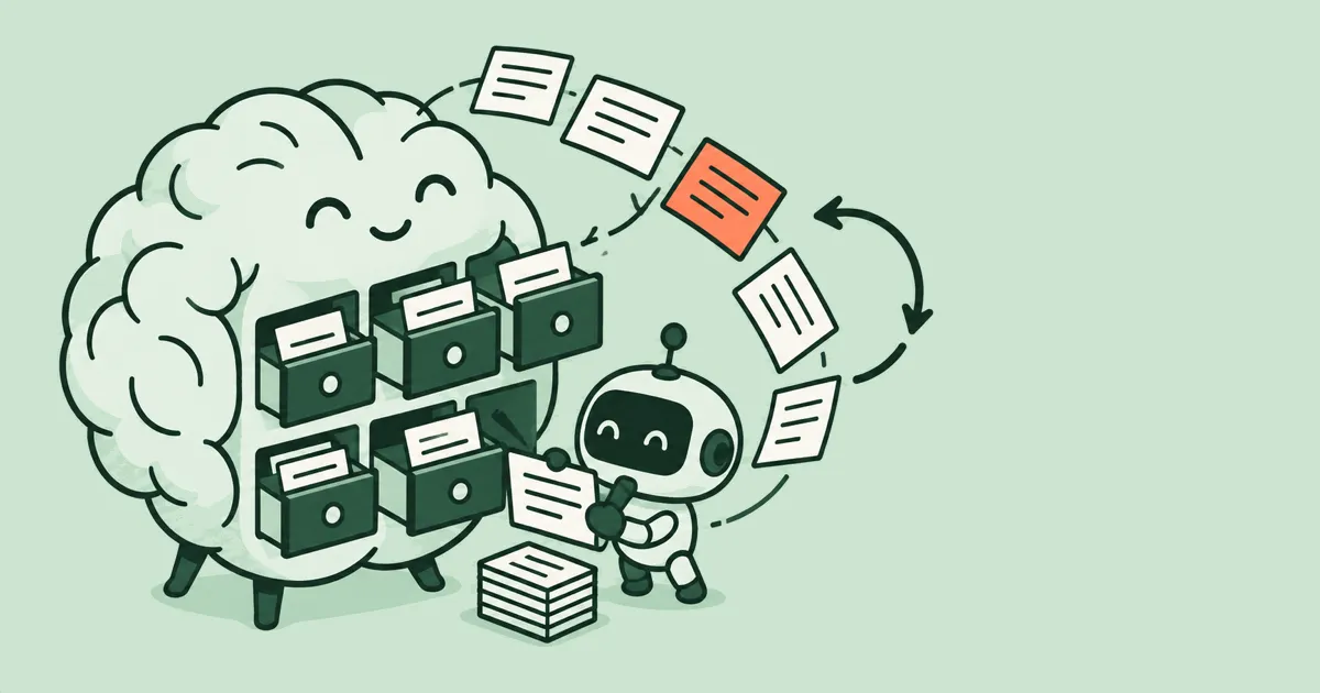 A cartoon brain-shaped cabinet where a tiny robot scribe files index cards into drawers
