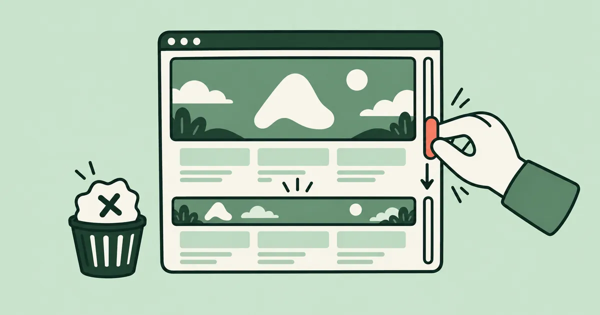 Tangan kartun menarik scrollbar browser sementara header halaman mengecil, di samping tempat sampah berisi kertas yang dicoret